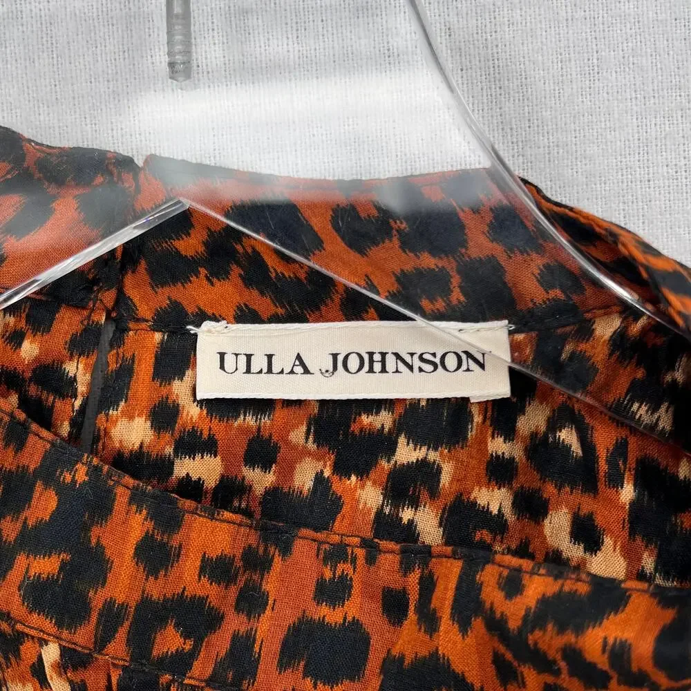ULLA JOHNSON Vesna Blouse Womens 4 Brown Black Leopard Print Cotton Puff Sleeve